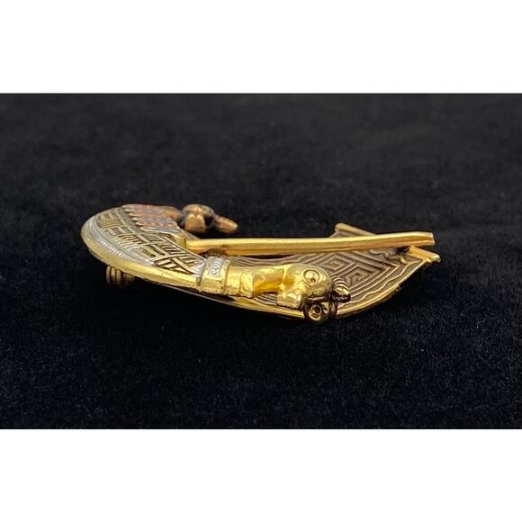 Vintage Damascene Ship Boat Brooch Pin Signed SPAIN Gold Tone Black Red Blue - Picture 2 of 8